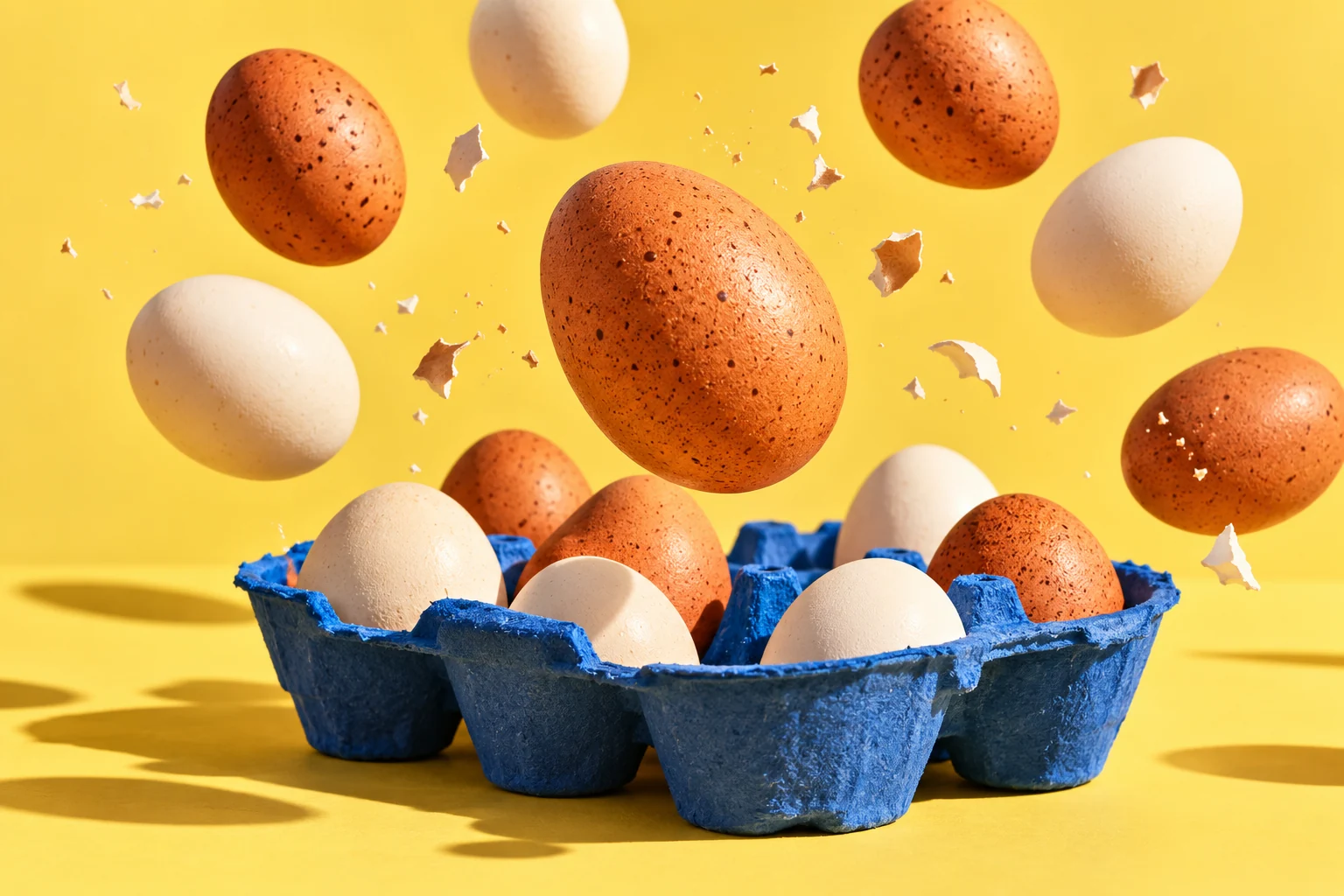 Ovos de casca branca e marrom flutuam sobre uma bandeja azul em um fundo amarelo ensolarado